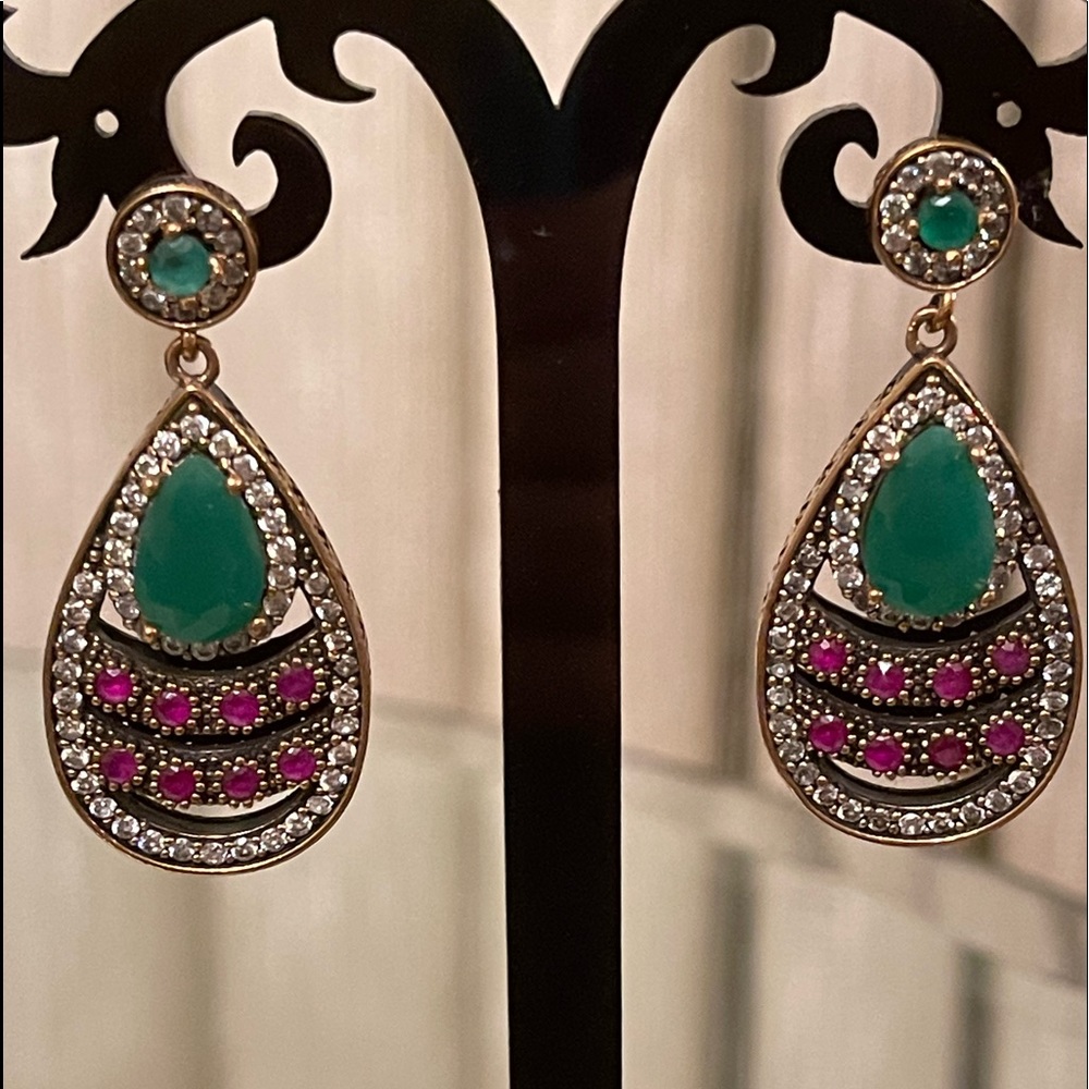 Vintage stud earrings with white topaz, imitation of ruby and emerald.